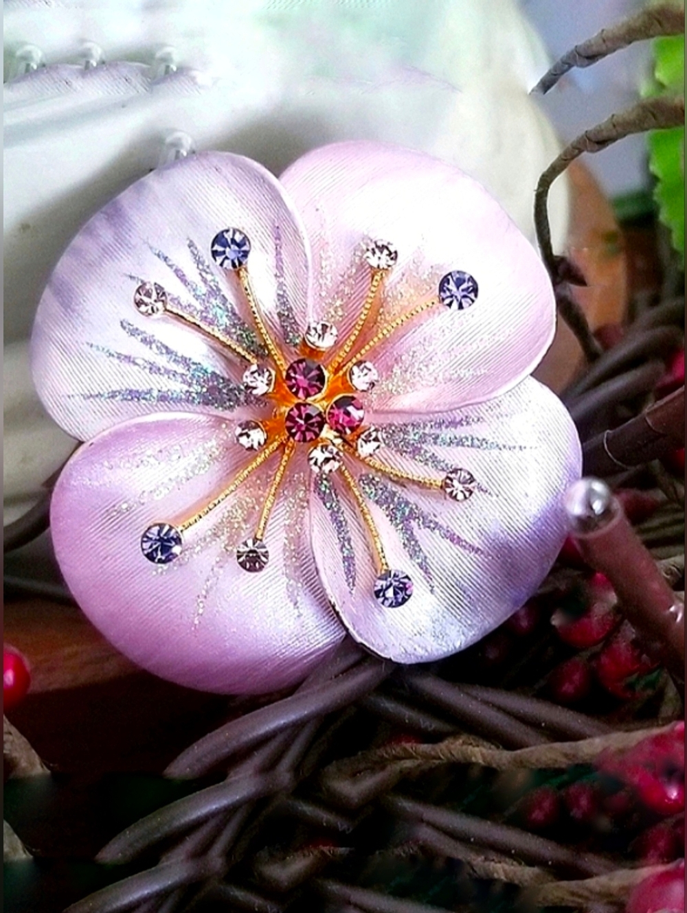 Vintage Mid-Century Lilac Floral Brooch Pendant Sparkling Crystal